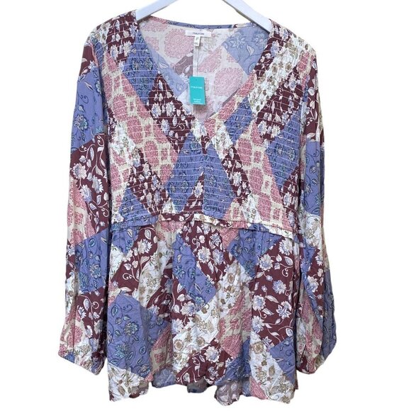 NWT Maurices Tunic Top XXL Rayon Patchwork Purple Print Long Sleeves - Picture 1 of 10